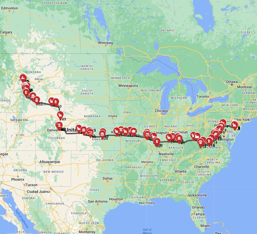 Map for Philadelphia to Bozeman - Rocky Road to the Rockies